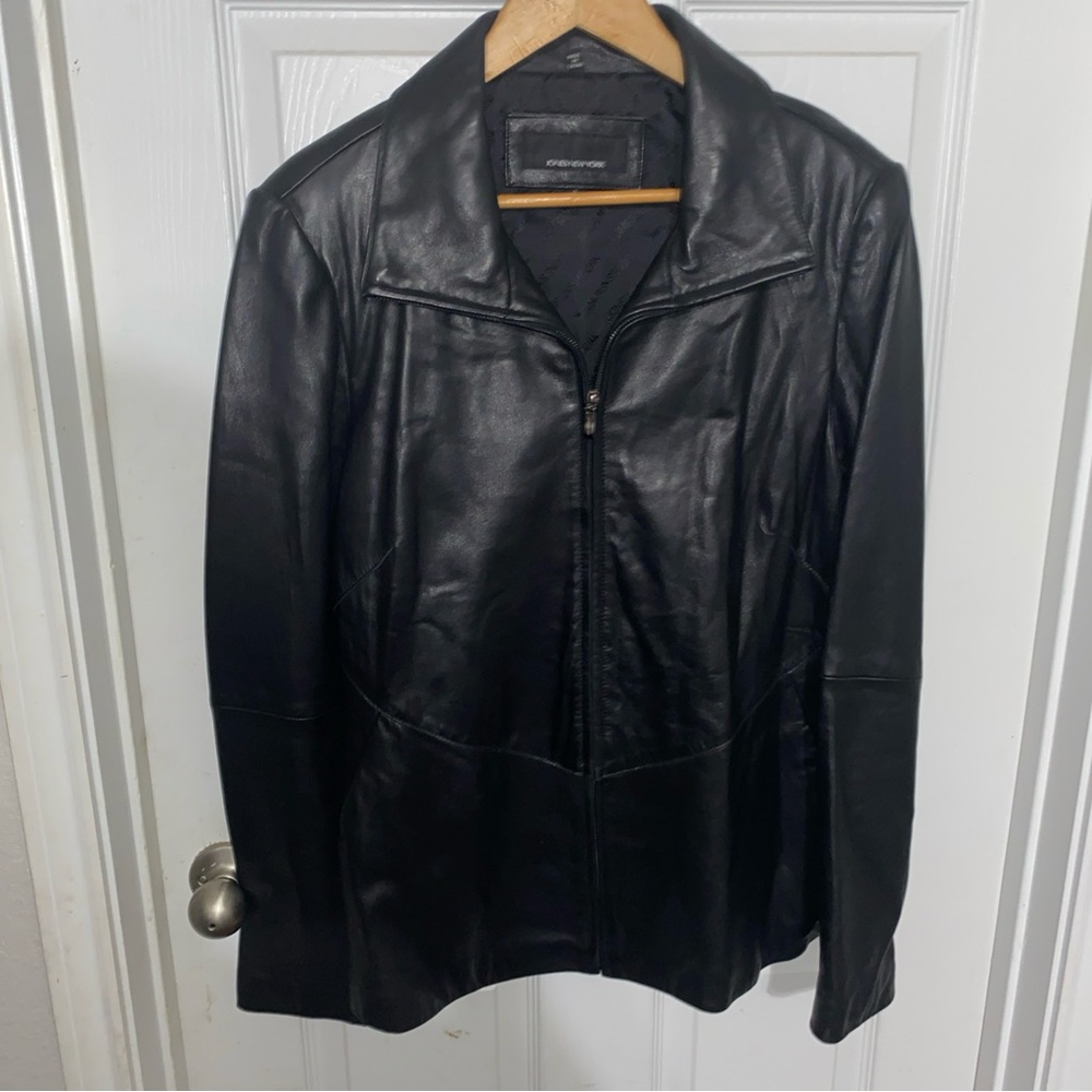 Jones New York Zip Up Collared Black Leather Jacket Coat Women's Large